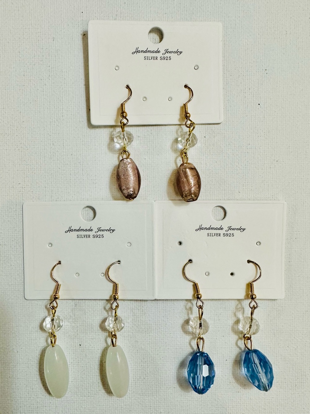 3 Pair Pastel Crystal Drop Earring Bundle Pink Blue Ivory